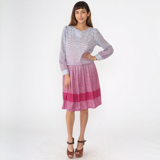 80s Puff Sleeve Midi Dress Periwinkle Hot Pink Drop Waist Small Medium