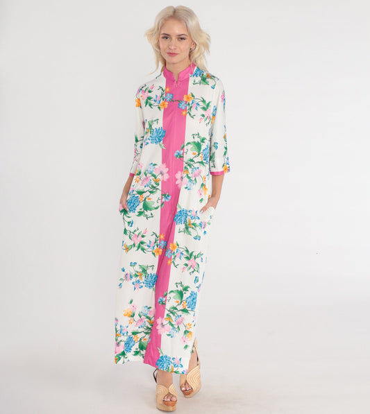 70s Floral Maxi Lounge Dress White Pink Half Sleeve Zip Front Small