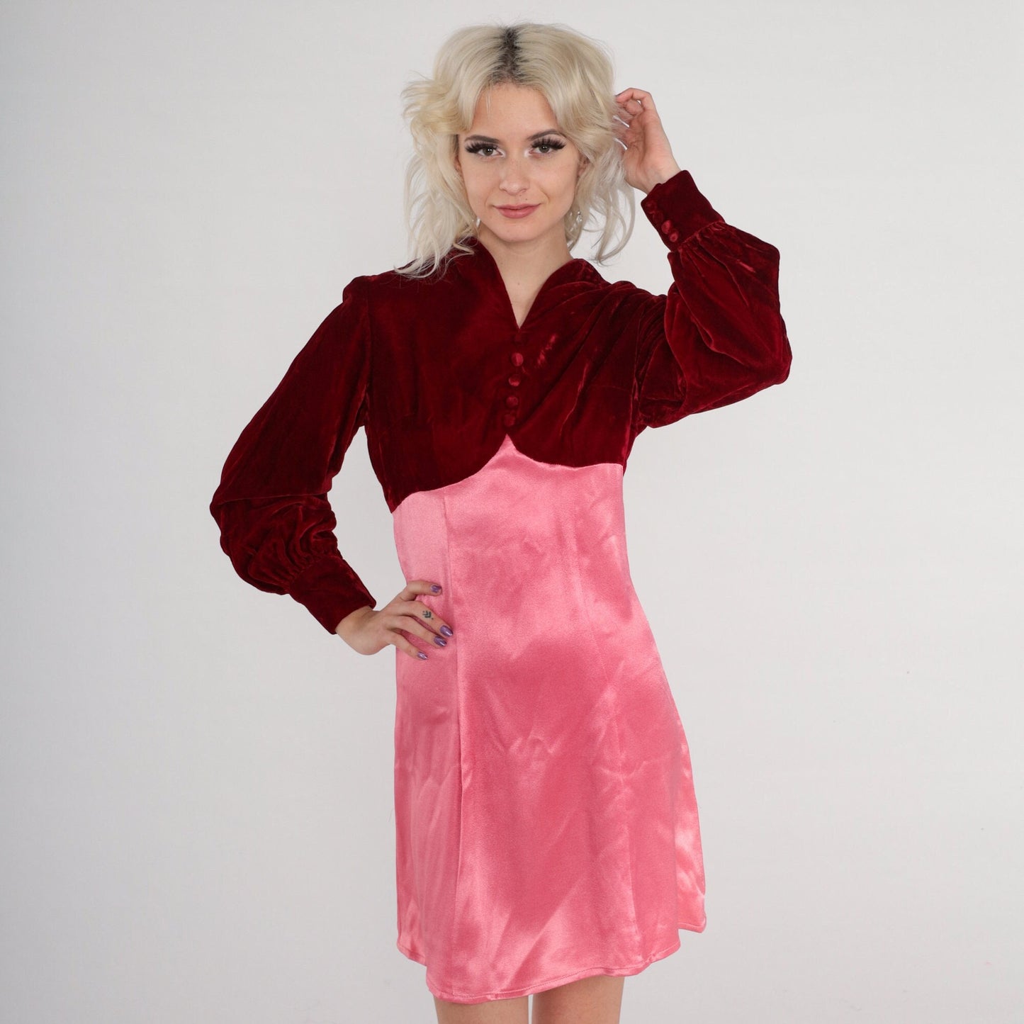 70s Velvet Babydoll Mini Dress Red Pink Empire Waist Long Sleeve Small