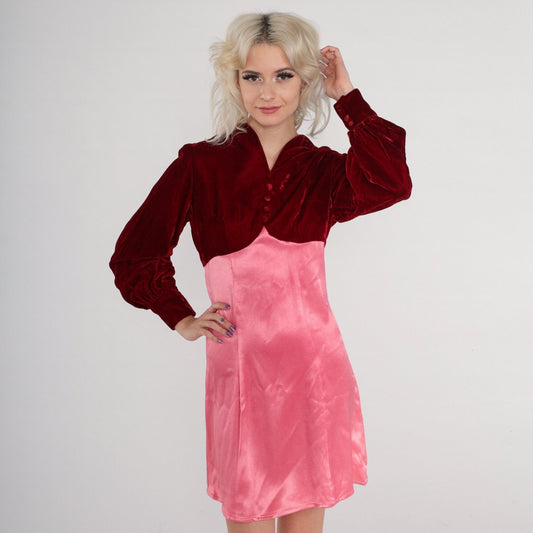 70s Velvet Babydoll Mini Dress Red Pink Empire Waist Long Sleeve Small