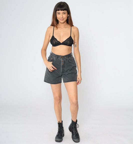 90s Black Denim Shorts High Rise Button Fly Faded Jean Shorts Small S