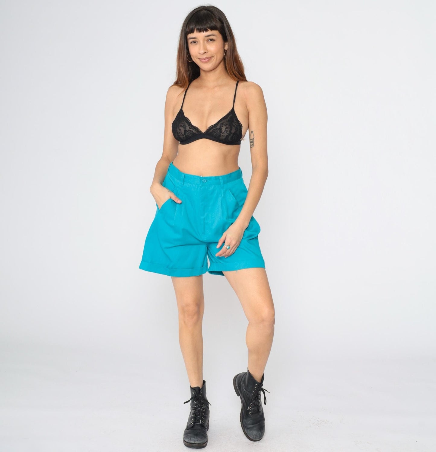 90s Hunters Gren Turquoise Pleated High-Waist Shorts Medium