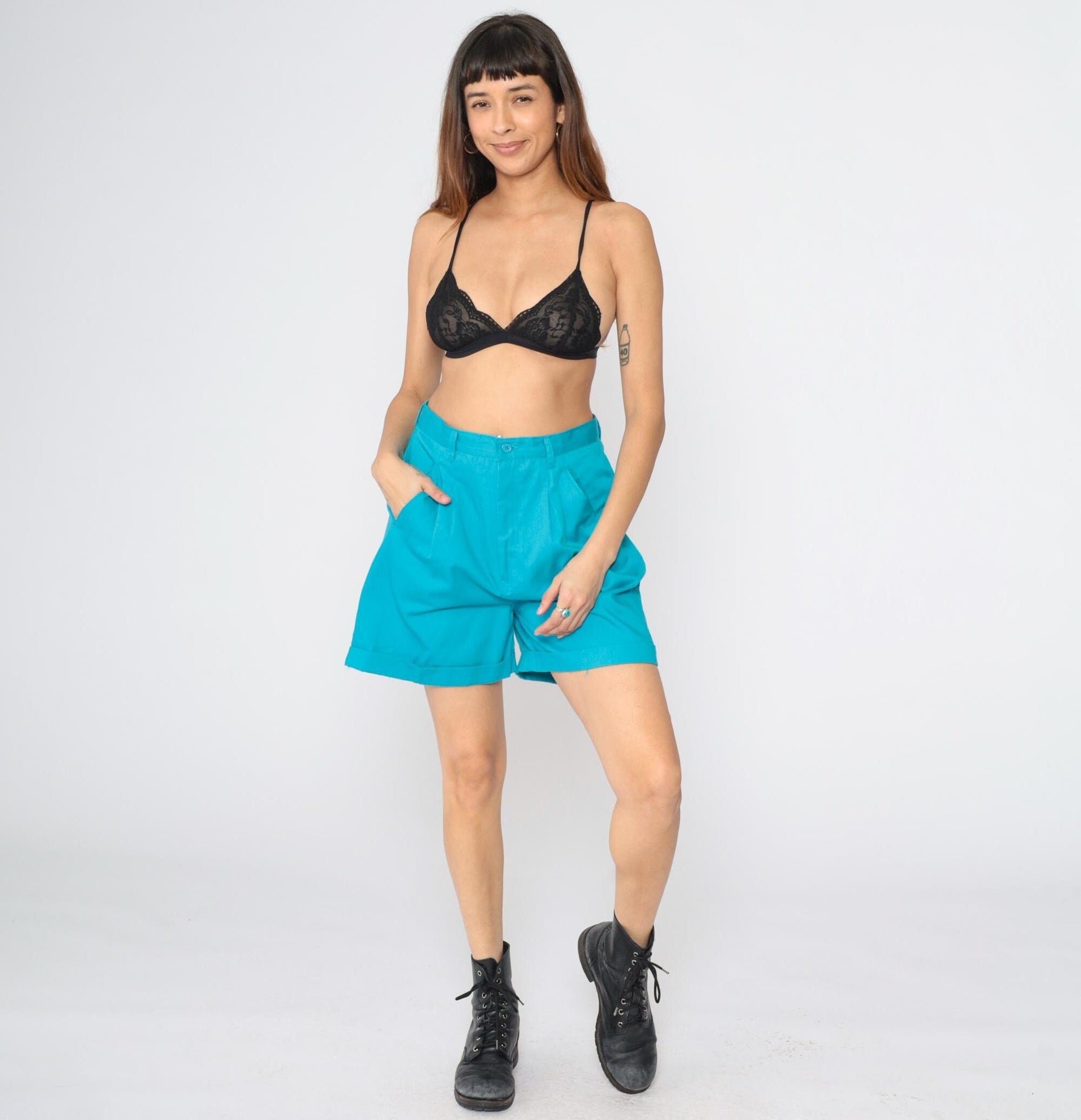 90s Hunters Gren Turquoise Pleated High-Waist Shorts Medium