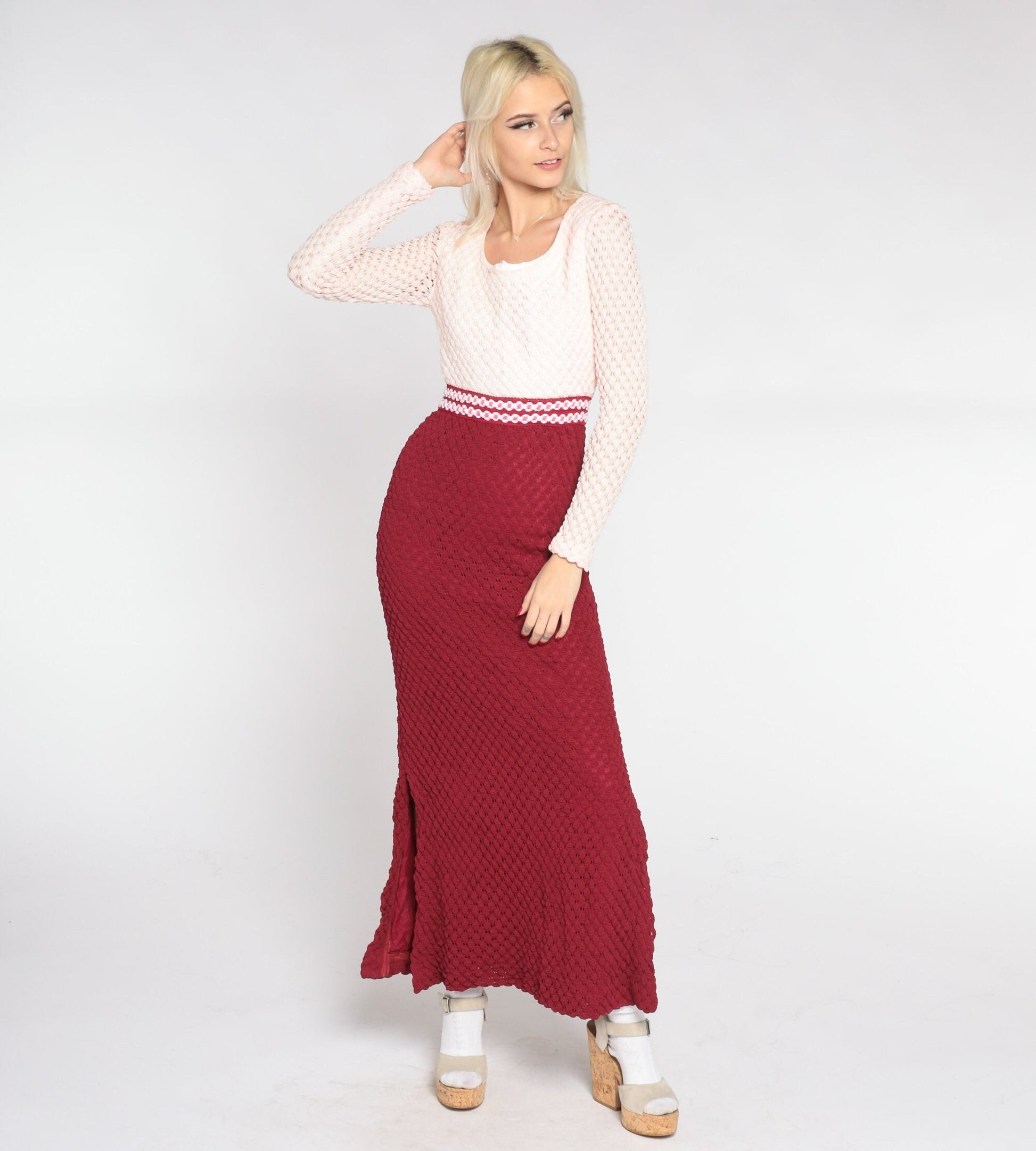 70s Crochet Maxi Dress Burgundy White High Waist Long Sleeve Small