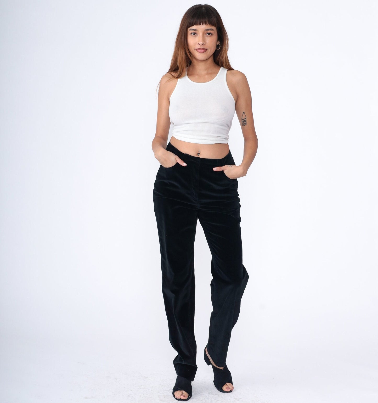 90s Per Se Black Velvet High-Waist Straight-Leg Trousers Medium 8