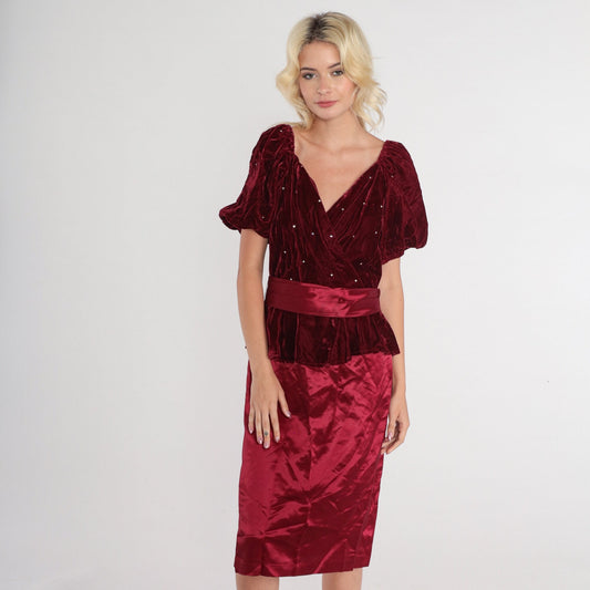 80s Burgundy Velvet Midi Dress Rhinestone Puff Sleeve V-Neck Small