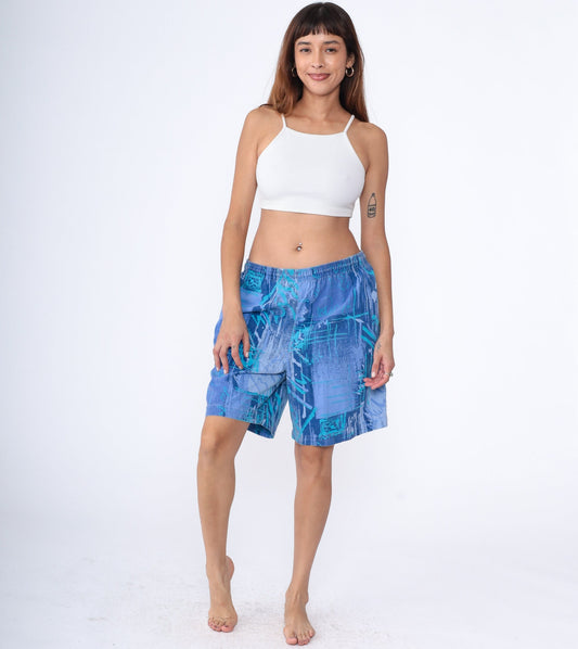 90s Maui Trading Co. Shorts Blue Abstract Print Cotton Elastic Waist Extra Large XL
