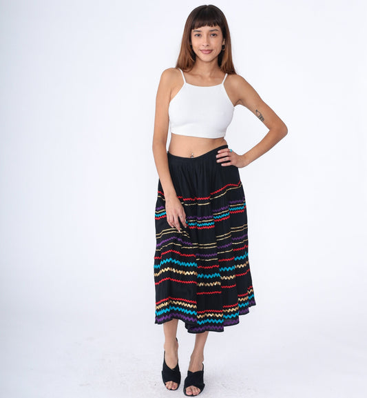 80s Goldwater's Midi Skirt Black Cotton Ric-Rac Striped High Waist Medium