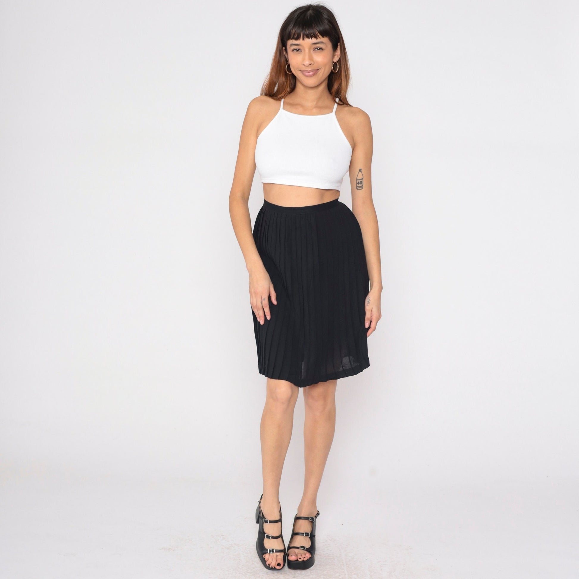 60s Black Pleated Mini Skirt High Waist Semi-Sheer Extra Small XS