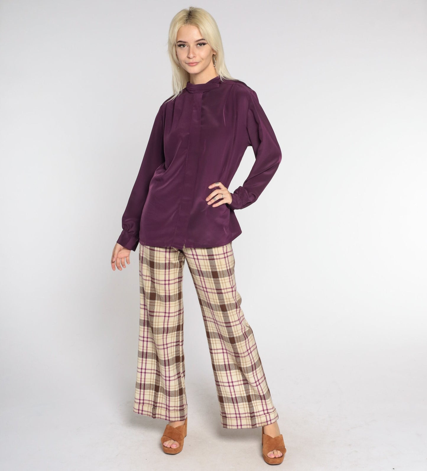 80s Pendleton Eggplant Blouse Long Sleeve High Neck Hidden Button Shirt Large L