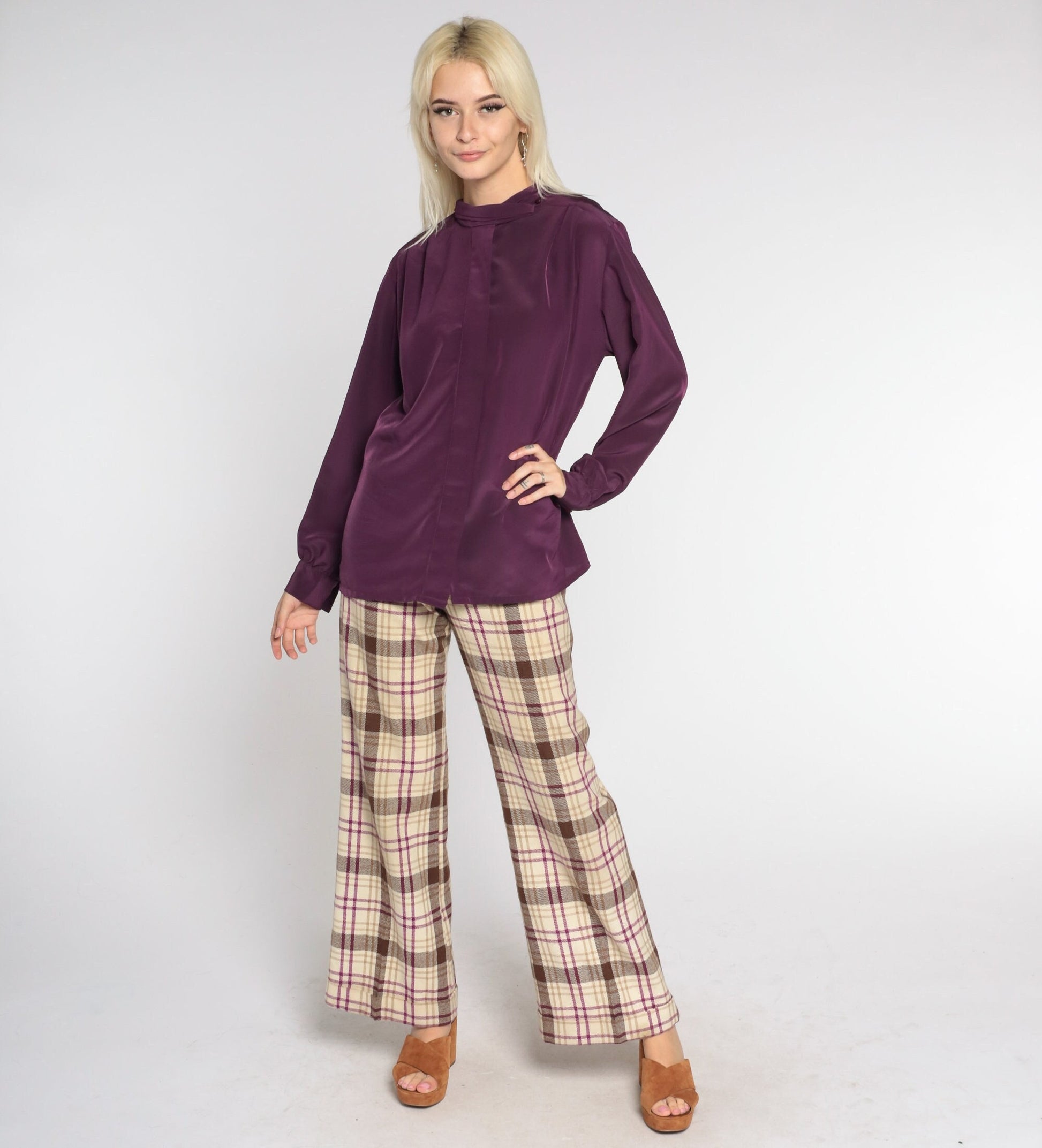 80s Pendleton Eggplant Blouse Long Sleeve High Neck Hidden Button Shirt Large L
