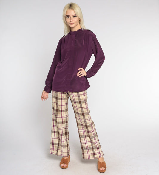 80s Pendleton Eggplant Blouse Long Sleeve High Neck Hidden Button Shirt Large L