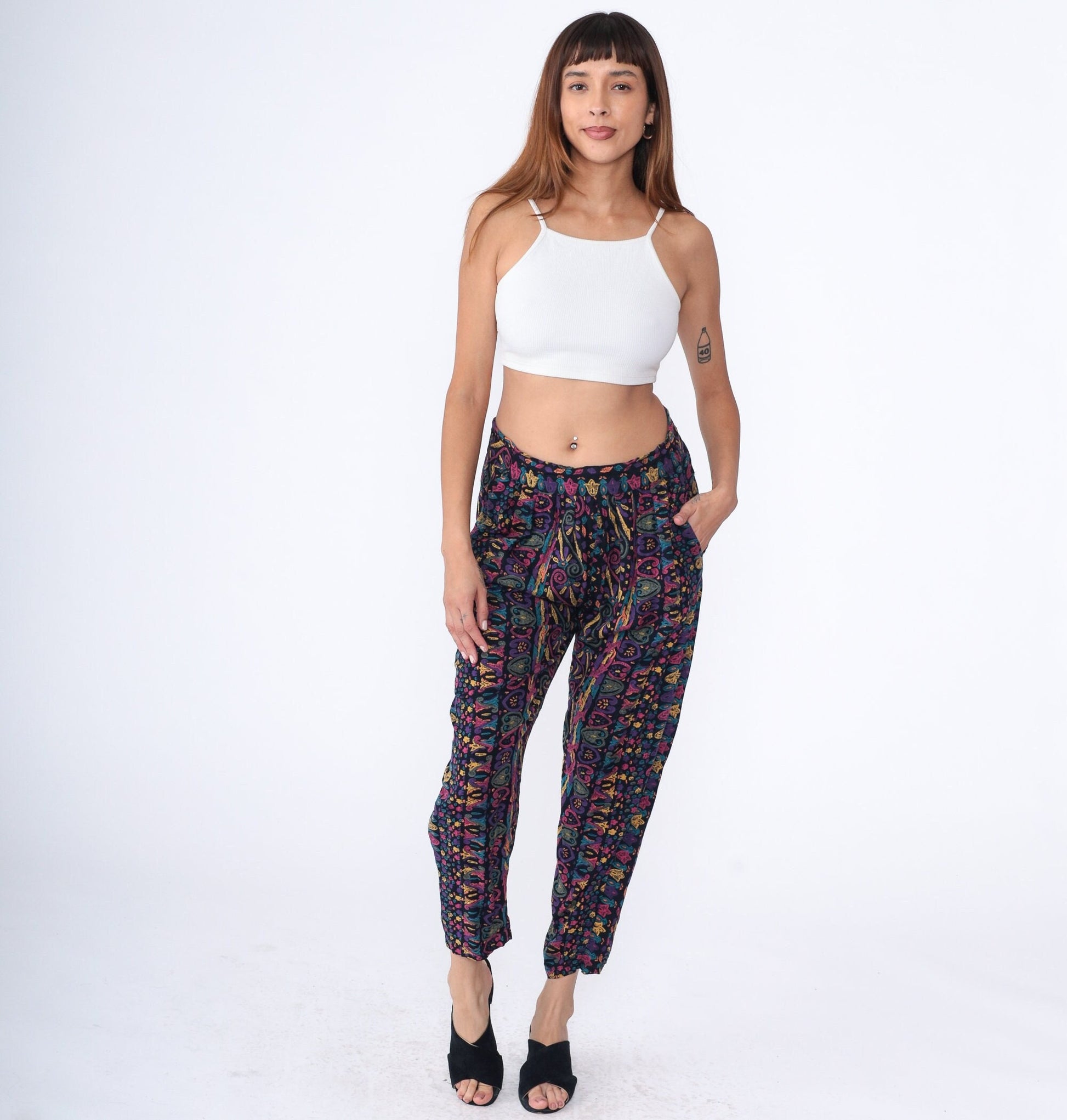 90s Black Rayon Tapered Pants Abstract Heart Geometric Print High Waist Medium