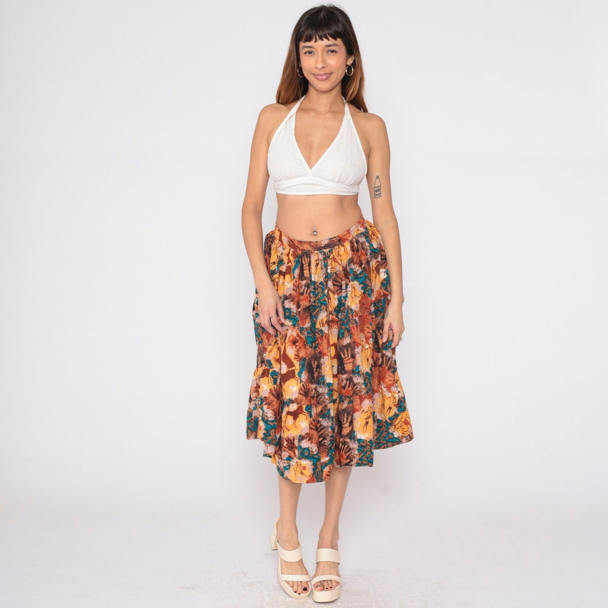 90s Tie Dye Petroglyph Tiered Midi Skirt High Waist Multicolor Cotton Medium M
