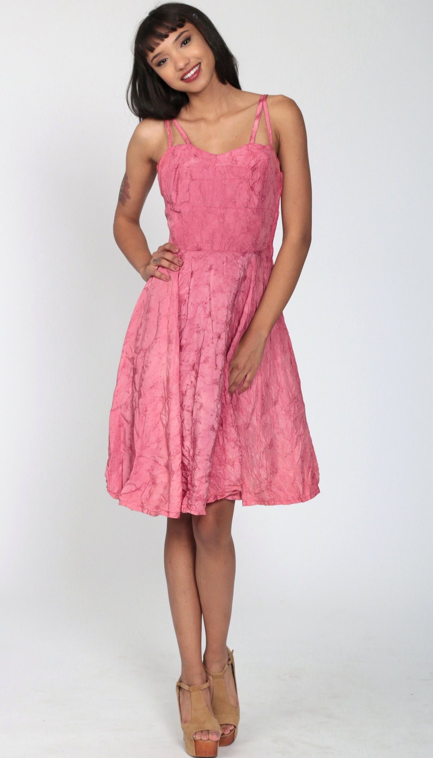 1950s Pink Floral Embroidered Midi Dress Spaghetti Strap High Waist Extra Small
