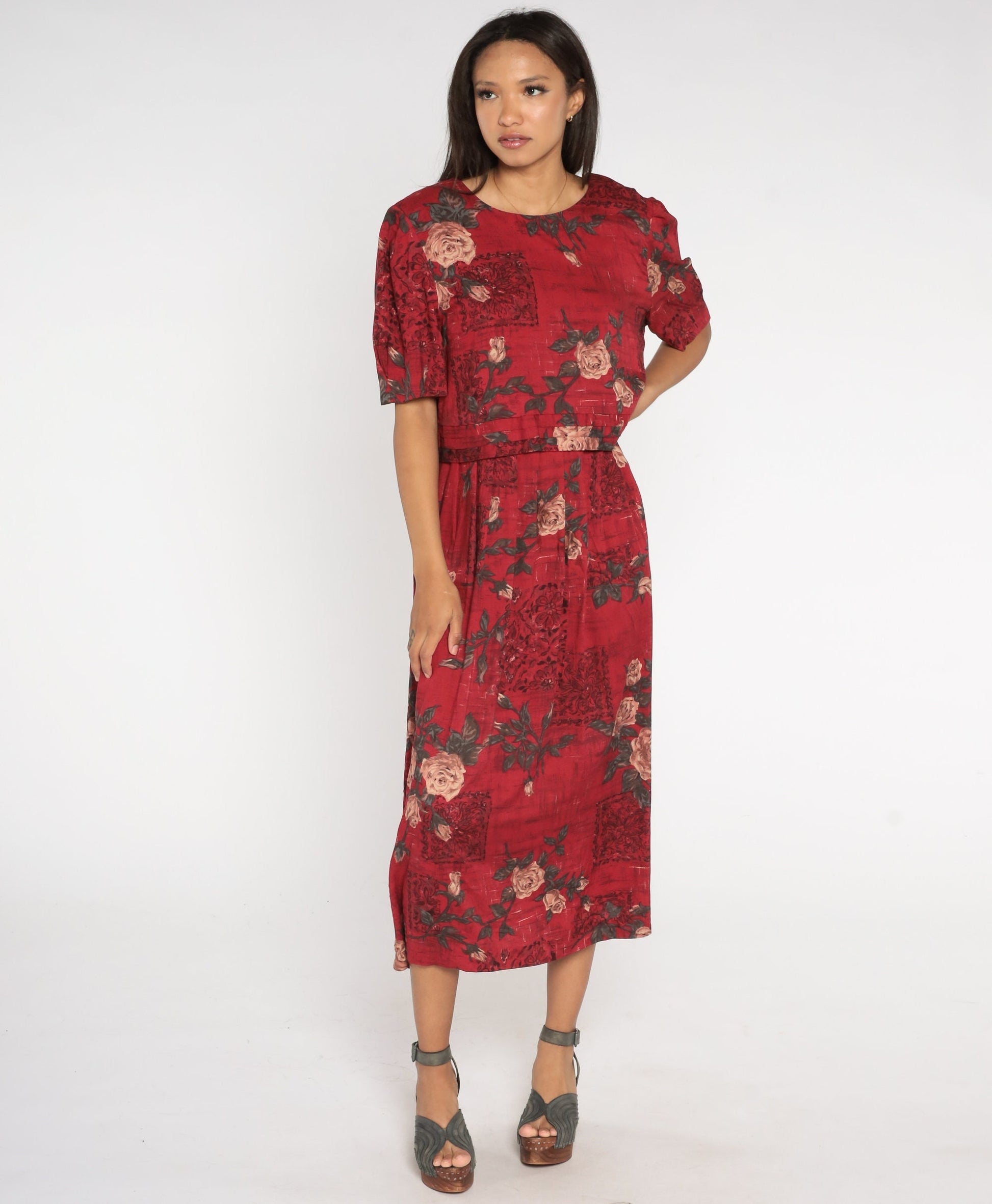 90s Dark Red Floral Rayon Maxi Dress Short Sleeve Rose Print Large