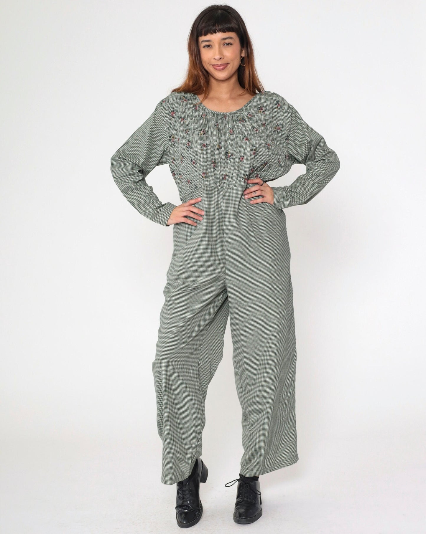 90s Gingham Smocked Floral Jumpsuit Long Sleeve Straight Leg Large