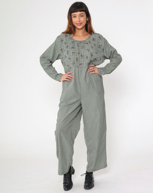 90s Gingham Smocked Floral Jumpsuit Long Sleeve Straight Leg Large