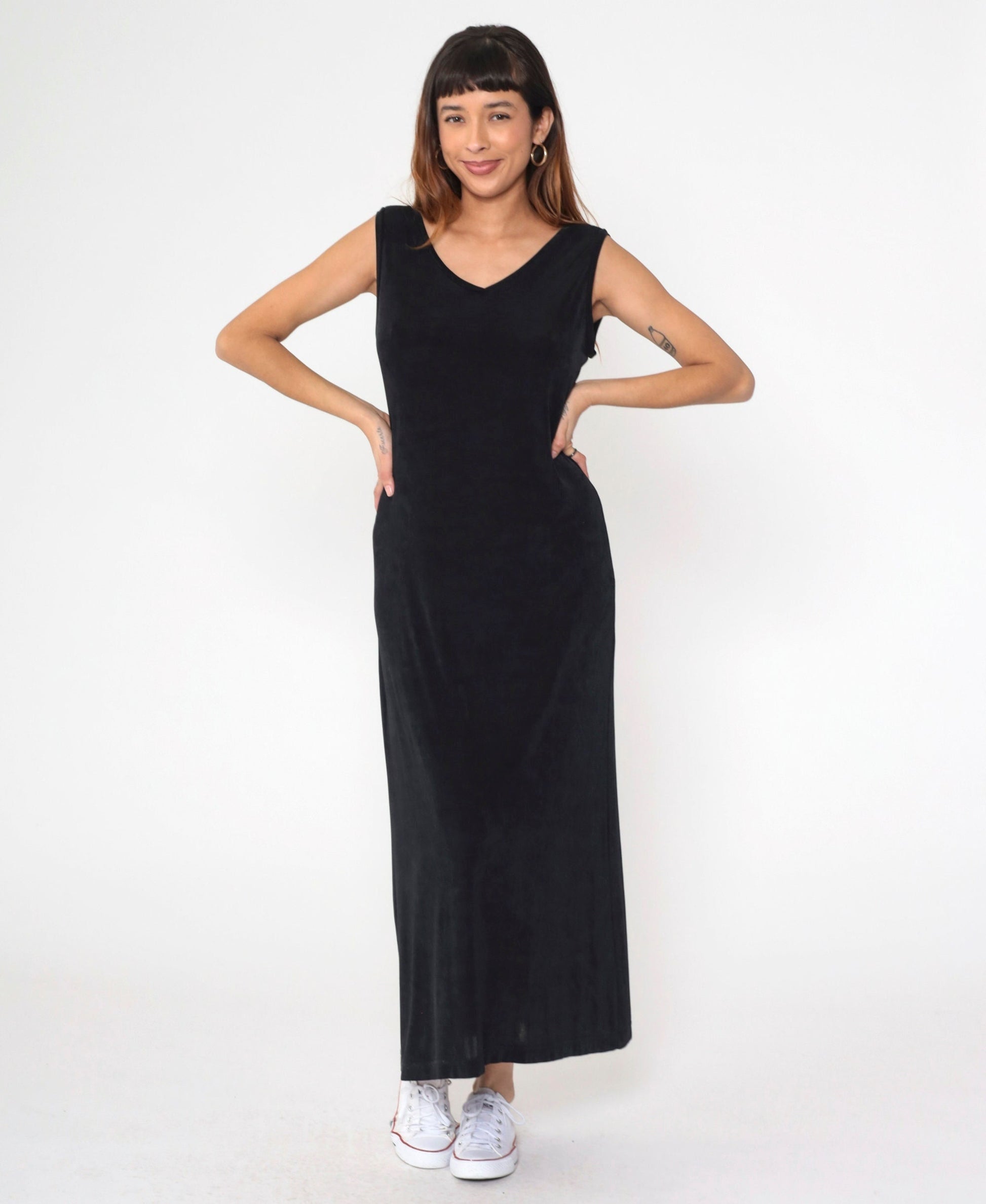 90s Black Maxi Dress V-Neck Sleeveless Column Cut Pullover Medium M