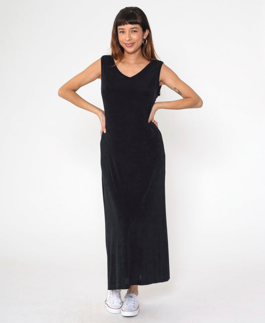 90s Black Maxi Dress V-Neck Sleeveless Column Cut Pullover Medium M