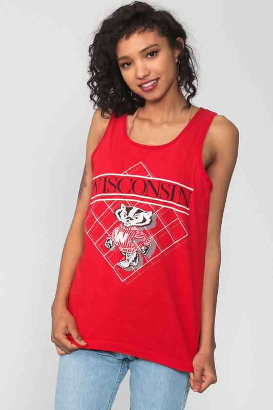 80s Wisconsin Badgers Tank Top Red College Football Jersey Small