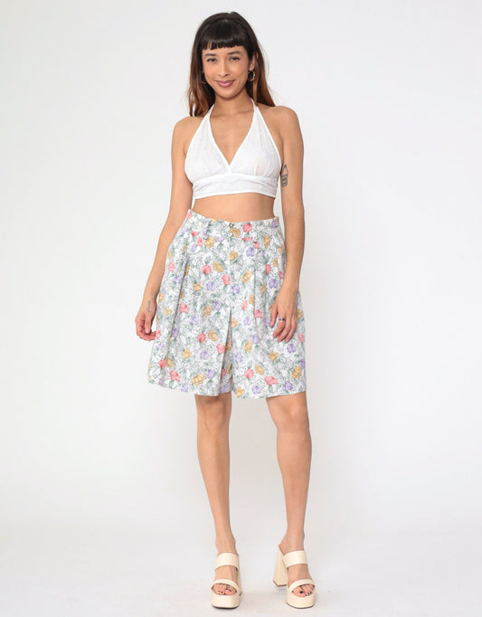 90s Floral High-Waisted Shorts White Pleated Wide Leg Medium