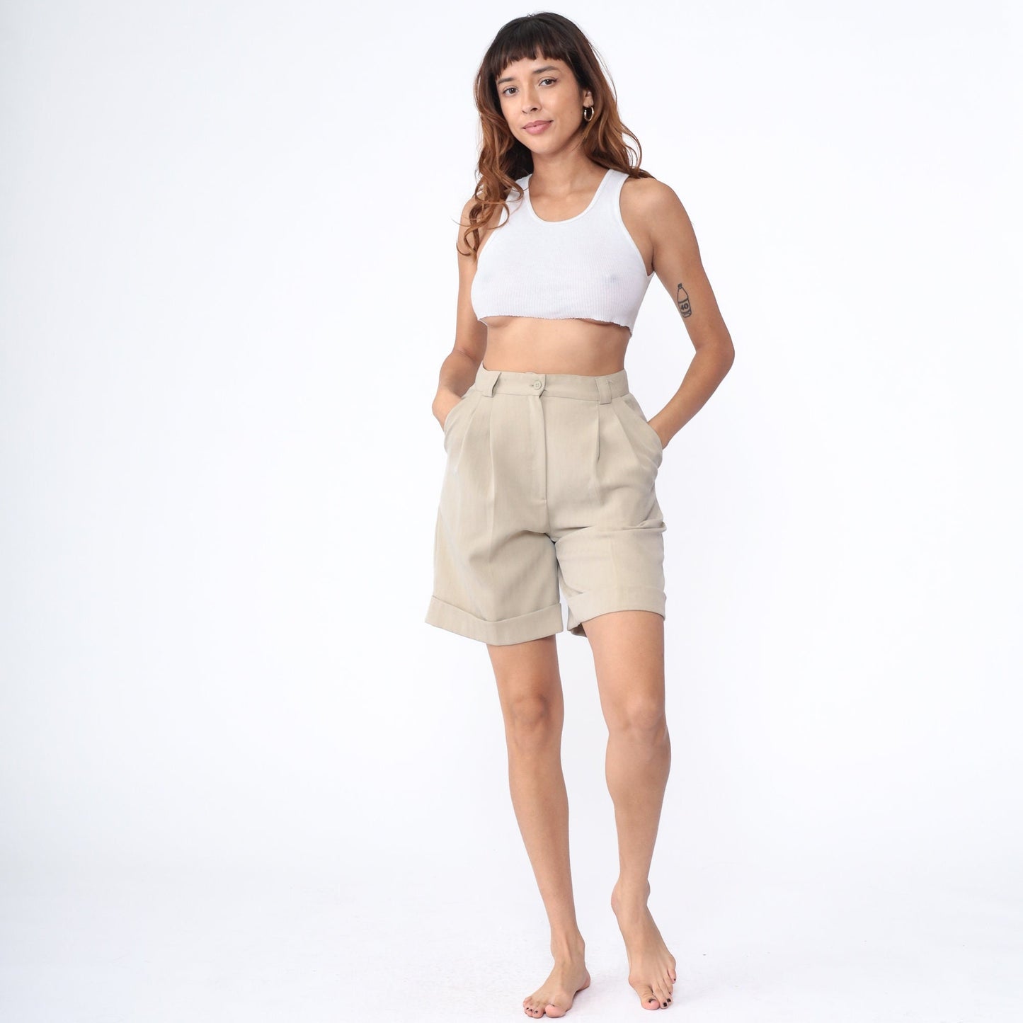 00s Beige High-Waisted Trouser Shorts Cuffed Front Pleat Small 28