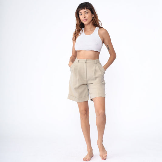 00s Beige High-Waisted Trouser Shorts Cuffed Front Pleat Small 28