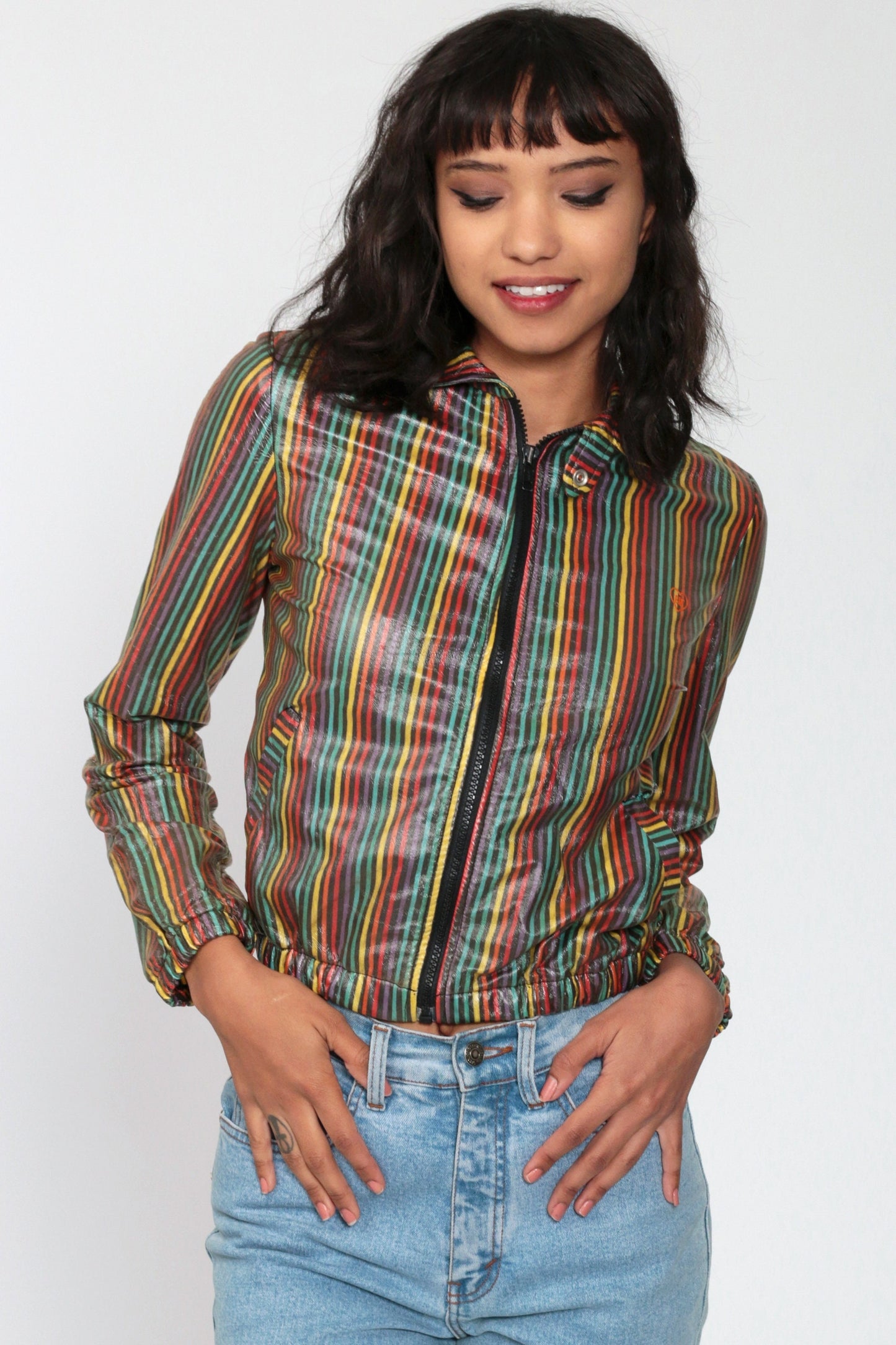 90s Rainbow Striped Cropped Windbreaker Jacket Black Zip-Up Extra Small XS