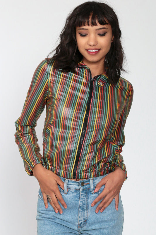 90s Rainbow Striped Cropped Windbreaker Jacket Black Zip-Up Extra Small XS