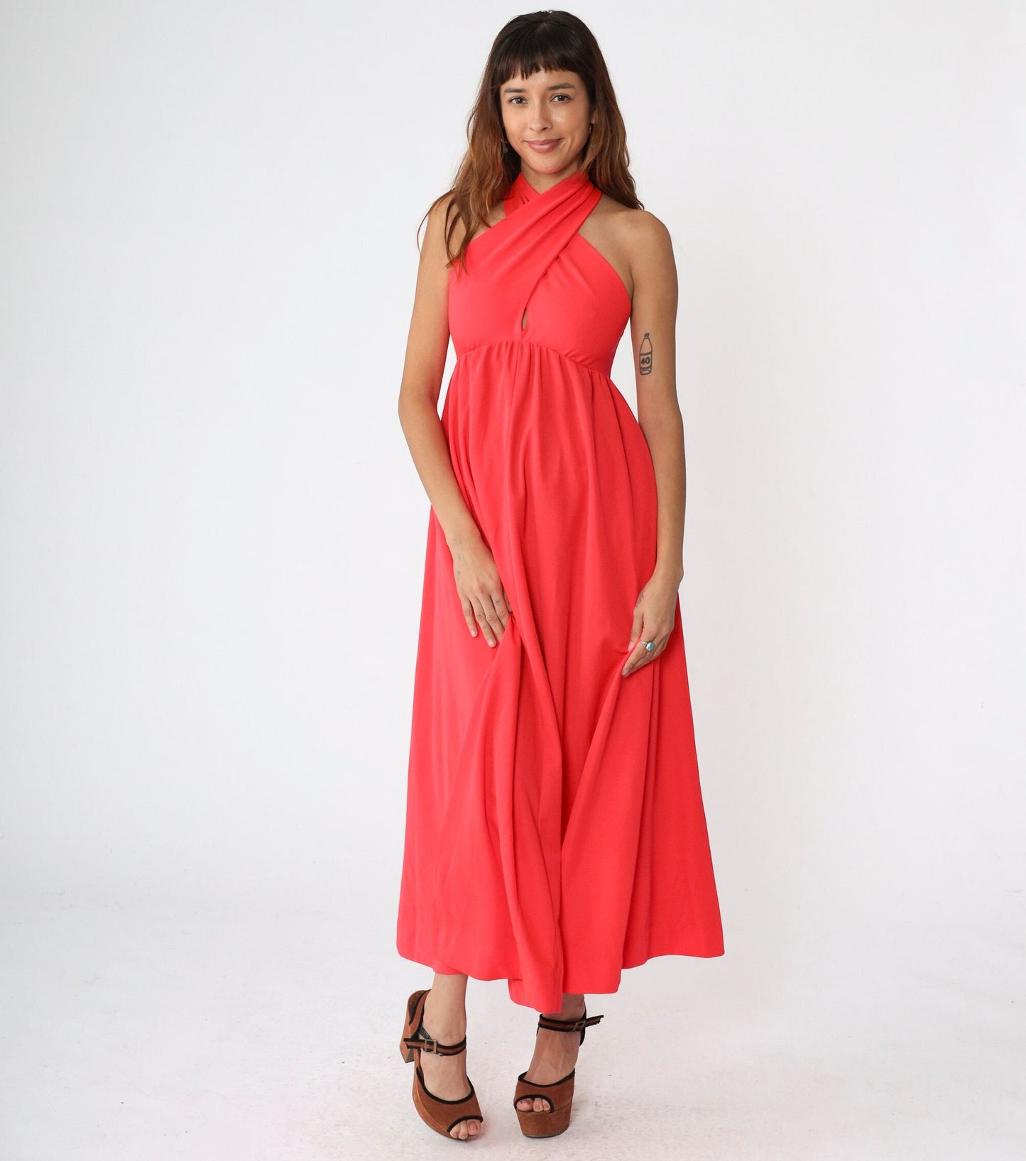 70s Coral Maxi Dress Halter Keyhole Back Empire Waist Criss Cross Small