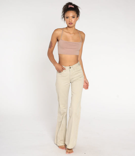 70s Lee Bell Bottom Trousers Beige Mid Rise Flared Pants Extra Small