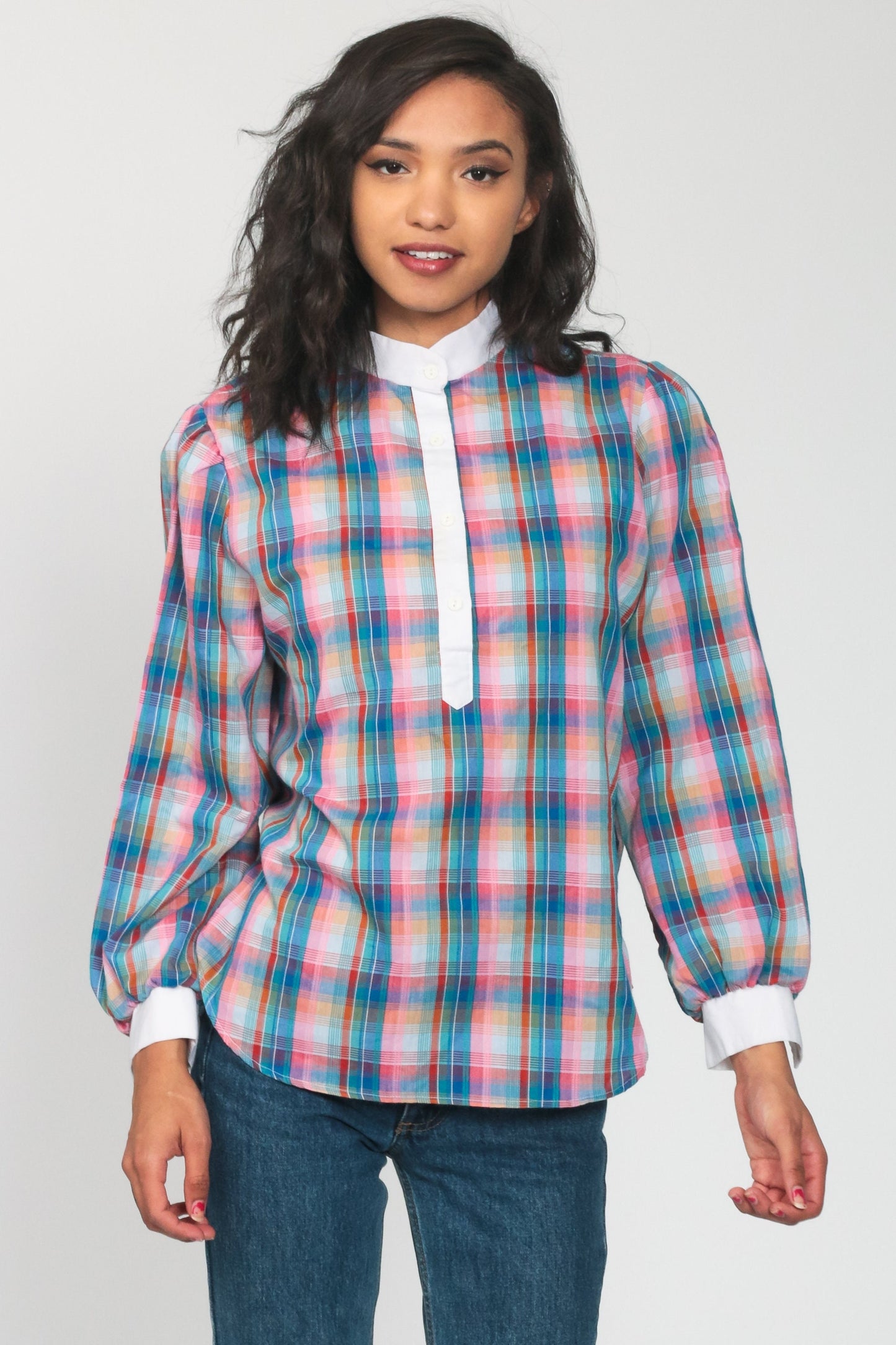 80s Plaid Button-Up Blouse Multicolor Long Sleeve Shirt Medium Large