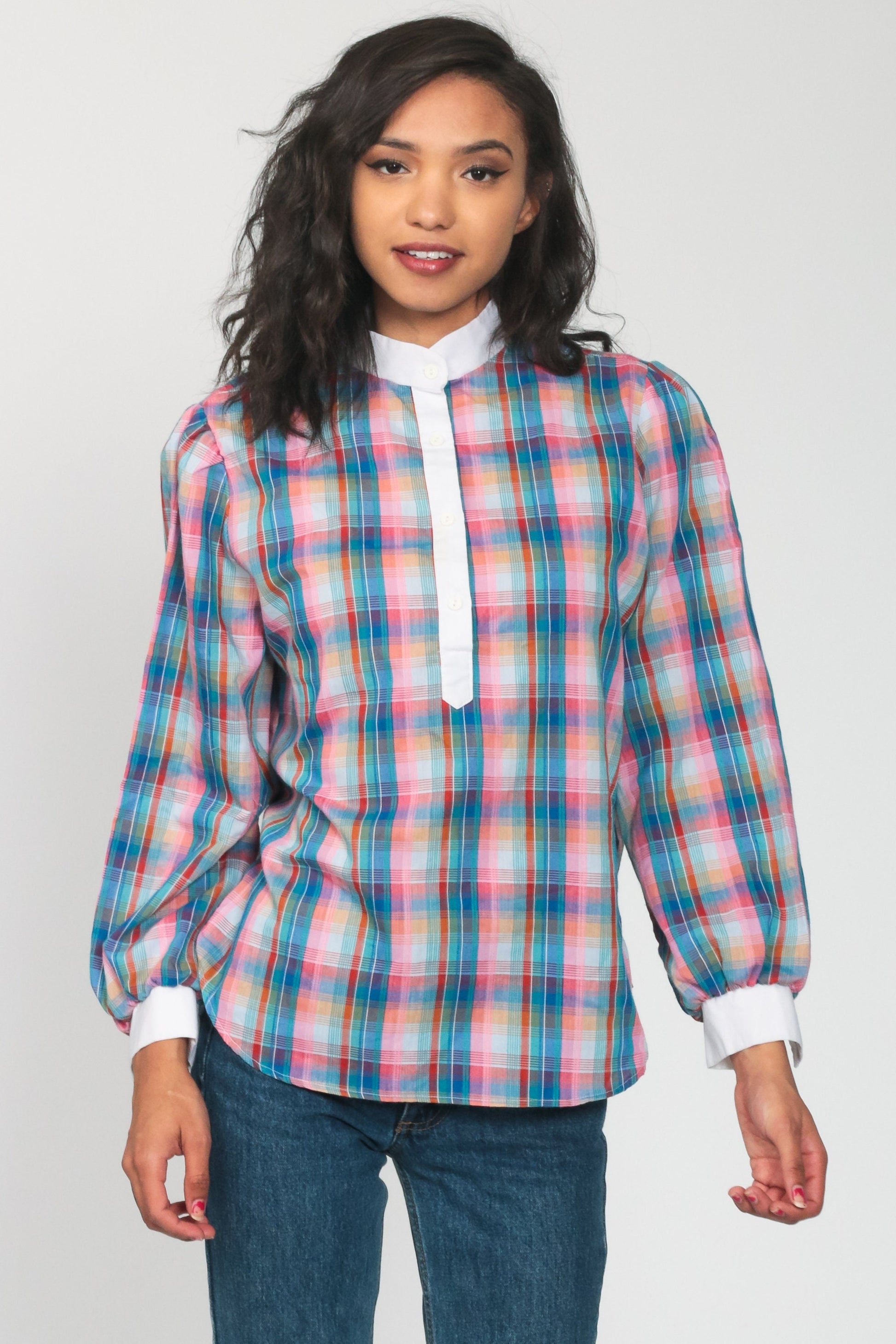 80s Plaid Button-Up Blouse Multicolor Long Sleeve Shirt Medium Large