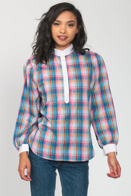 80s Plaid Button-Up Blouse Multicolor Long Sleeve Shirt Medium Large