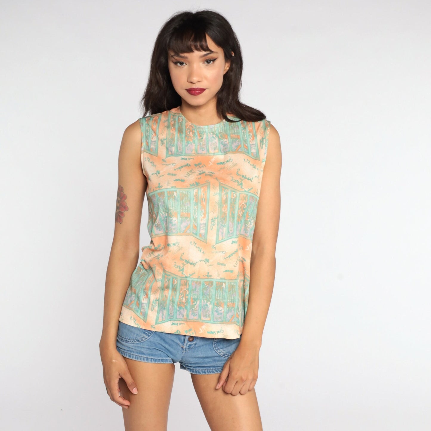 70s Psychedelic Window Print Tank Top Orange Sleeveless Blouse Small