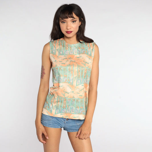 70s Psychedelic Window Print Tank Top Orange Sleeveless Blouse Small
