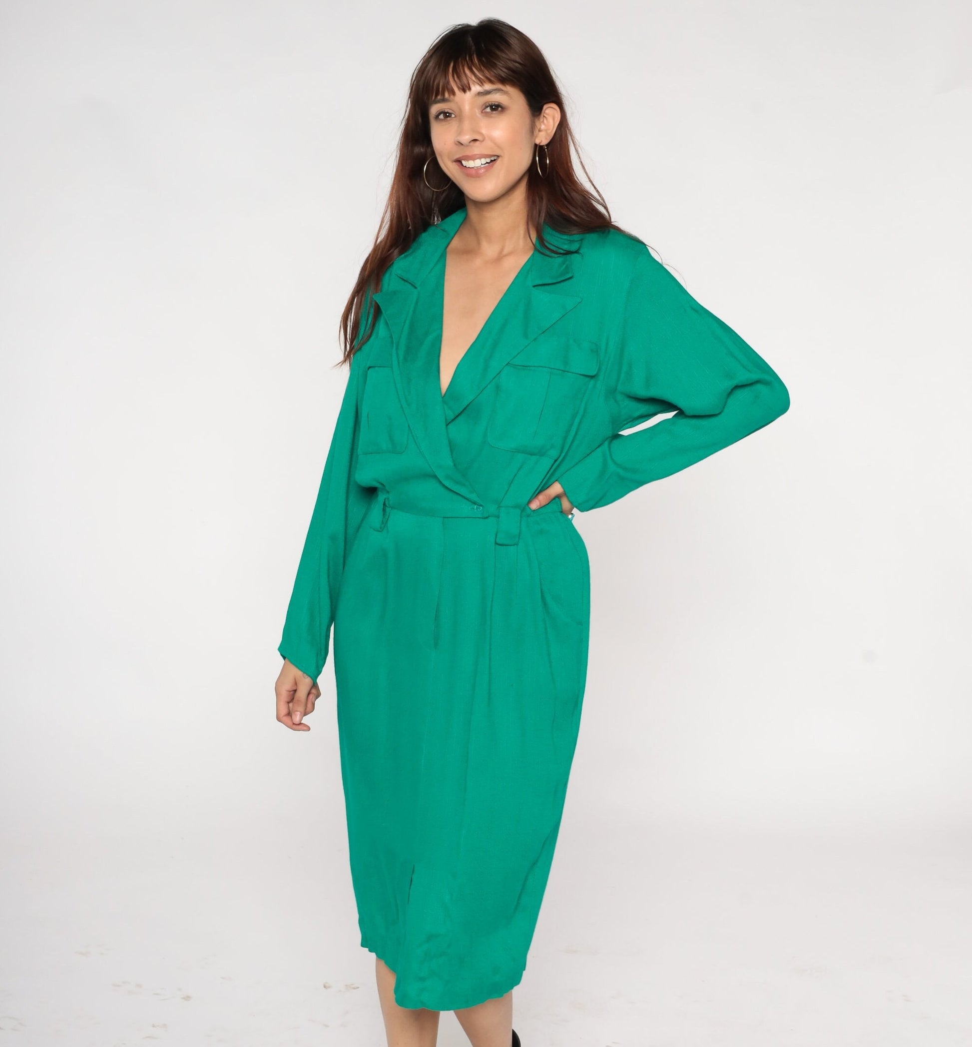 80s Green Midi Wrap Dress Button-Up Collar Pockets Long Sleeve Small