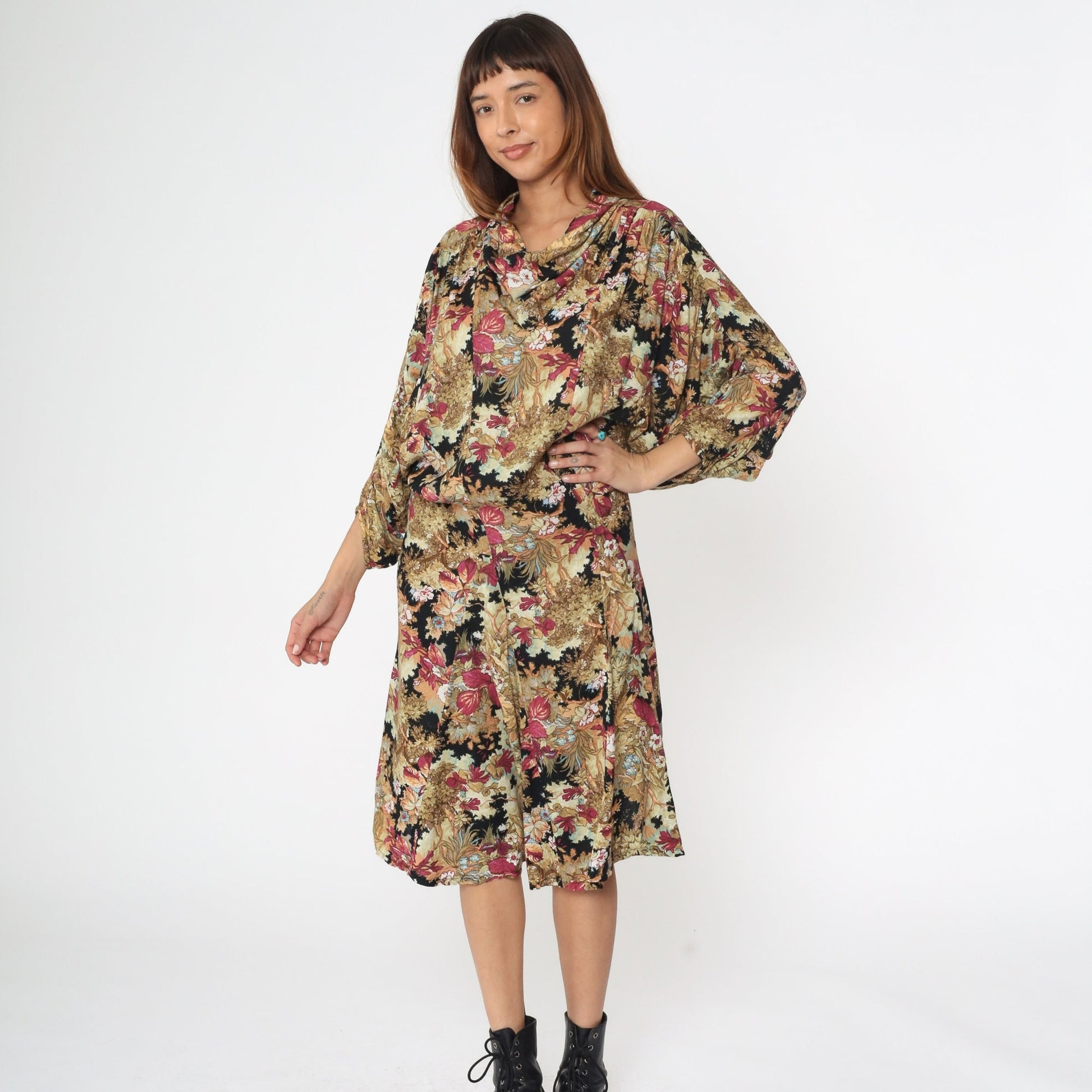 90s Floral Cowl Neck Dress Knee Length Dolman Sleeve Rayon Medium