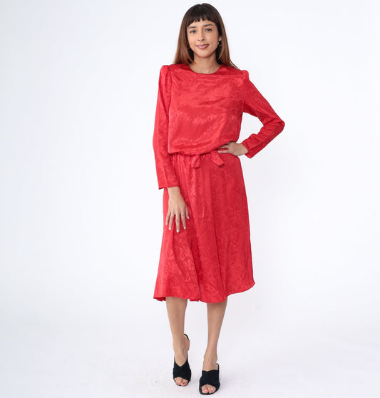 80s Red Embossed Leaf Midi Dress Puff Sleeve Blouson Waist Medium M