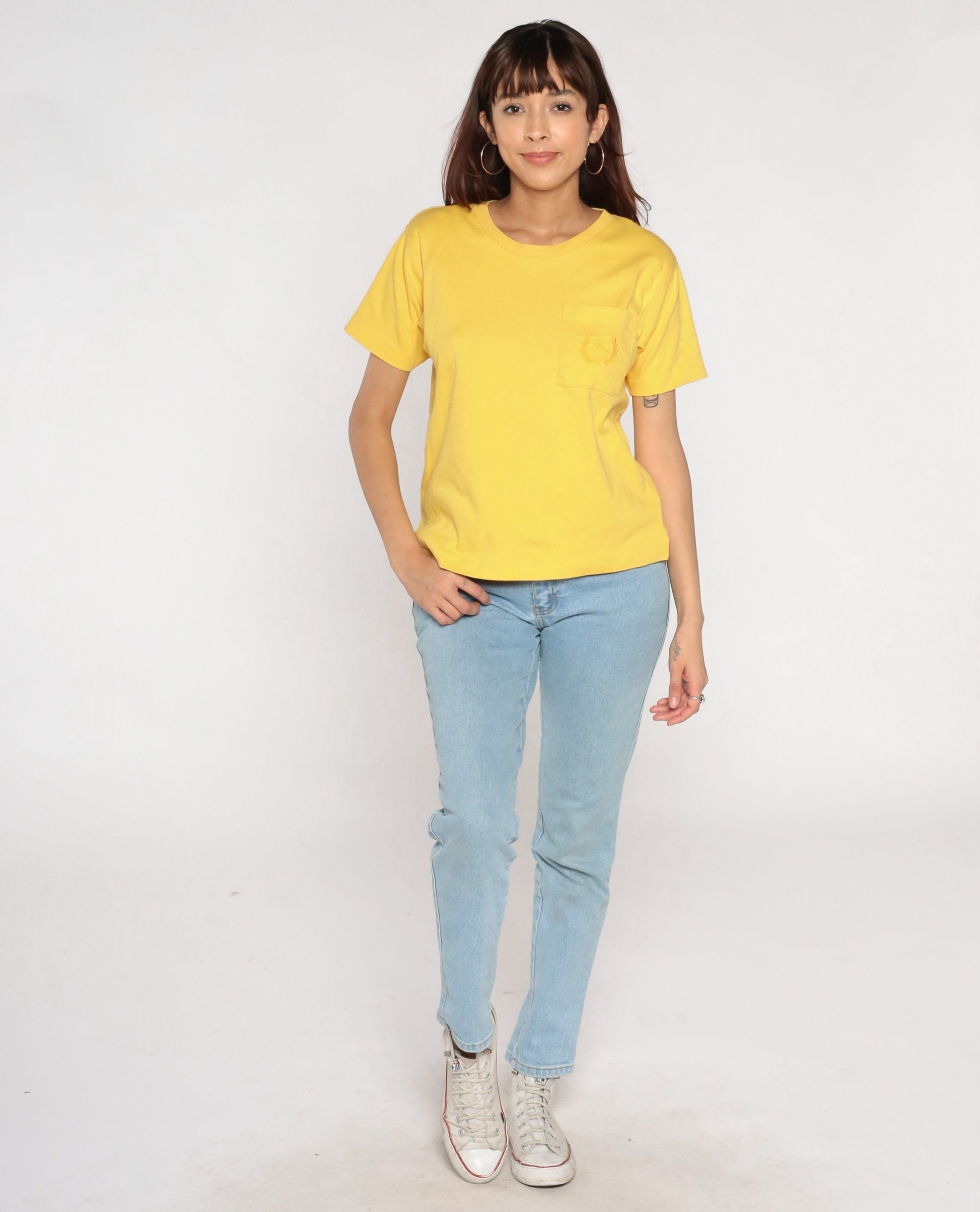 90s Yellow Cotton T-Shirt Embroidered Crest Pocket Tee Small