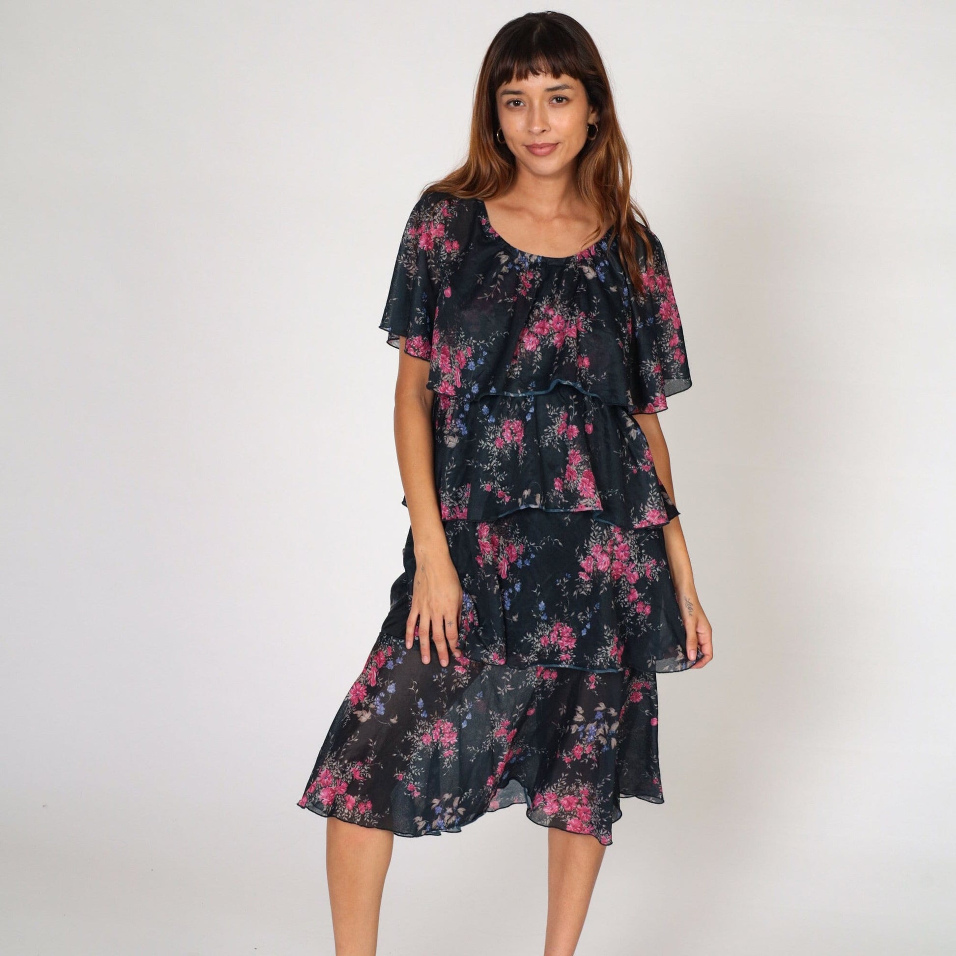 70s Black Floral Tiered Midi Dress Cape Flutter Sleeve Medium Large
