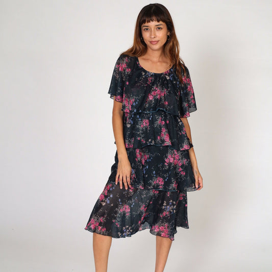 70s Black Floral Tiered Midi Dress Cape Flutter Sleeve Medium Large