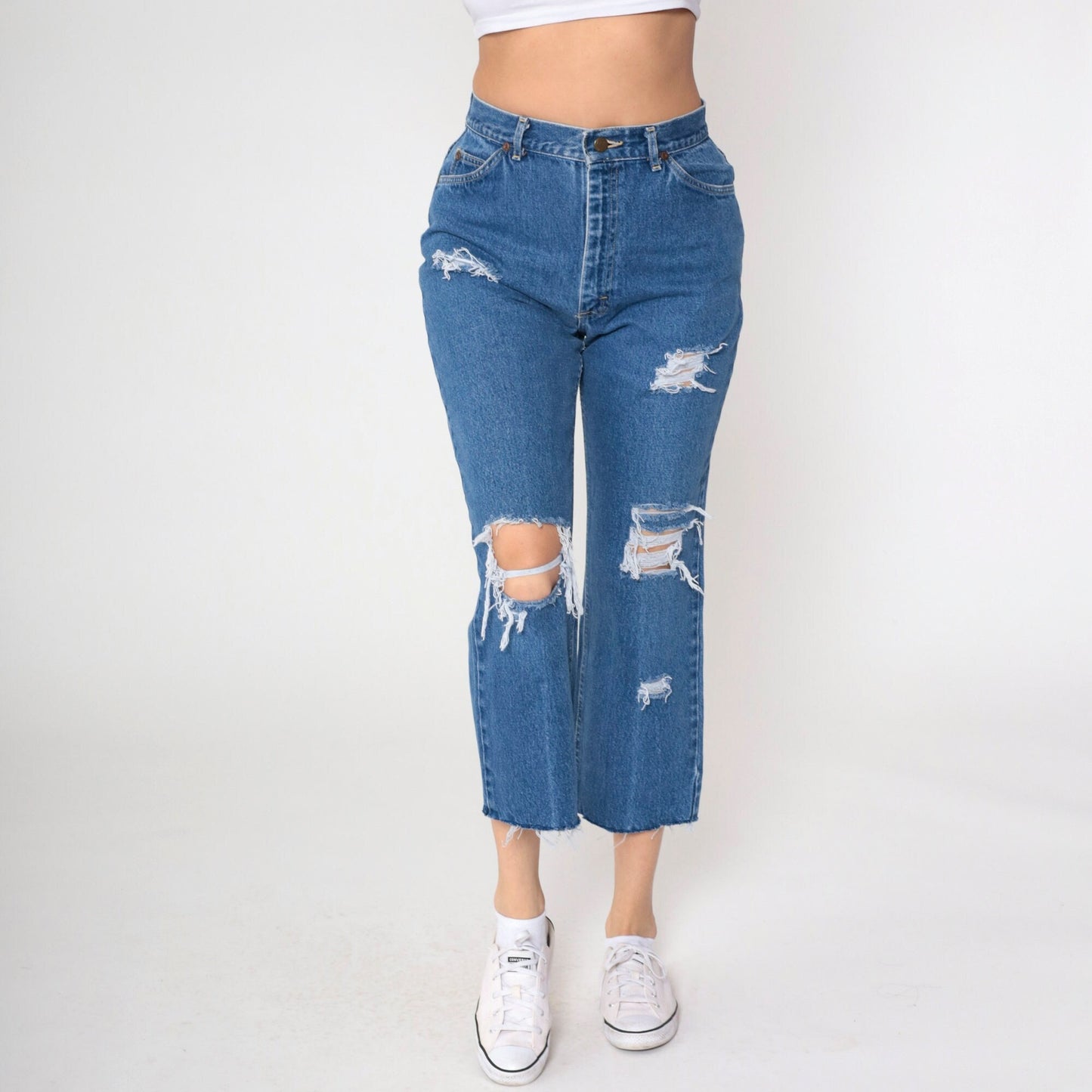 90s Lee High Rise Straight Leg Ripped Blue Denim Jeans Small 28
