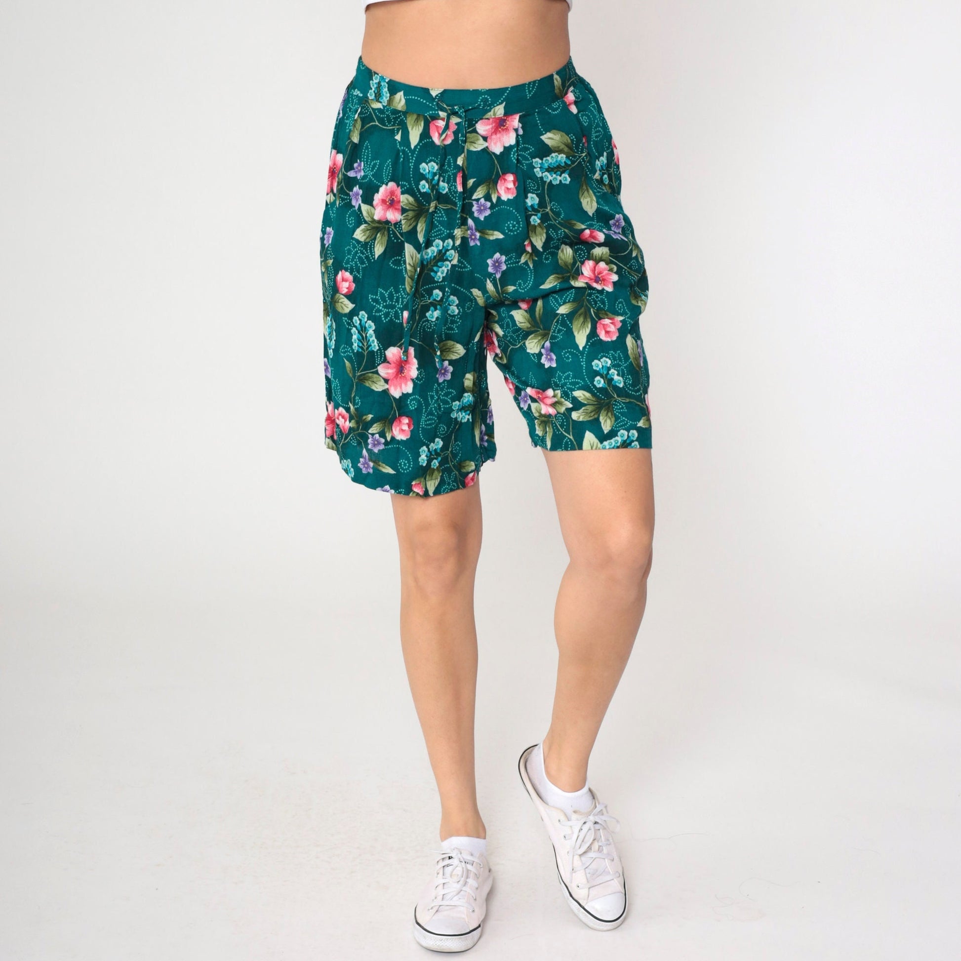 90s Jaclyn Smith Floral Shorts Teal Rayon High Waist Pleated Bermuda Medium