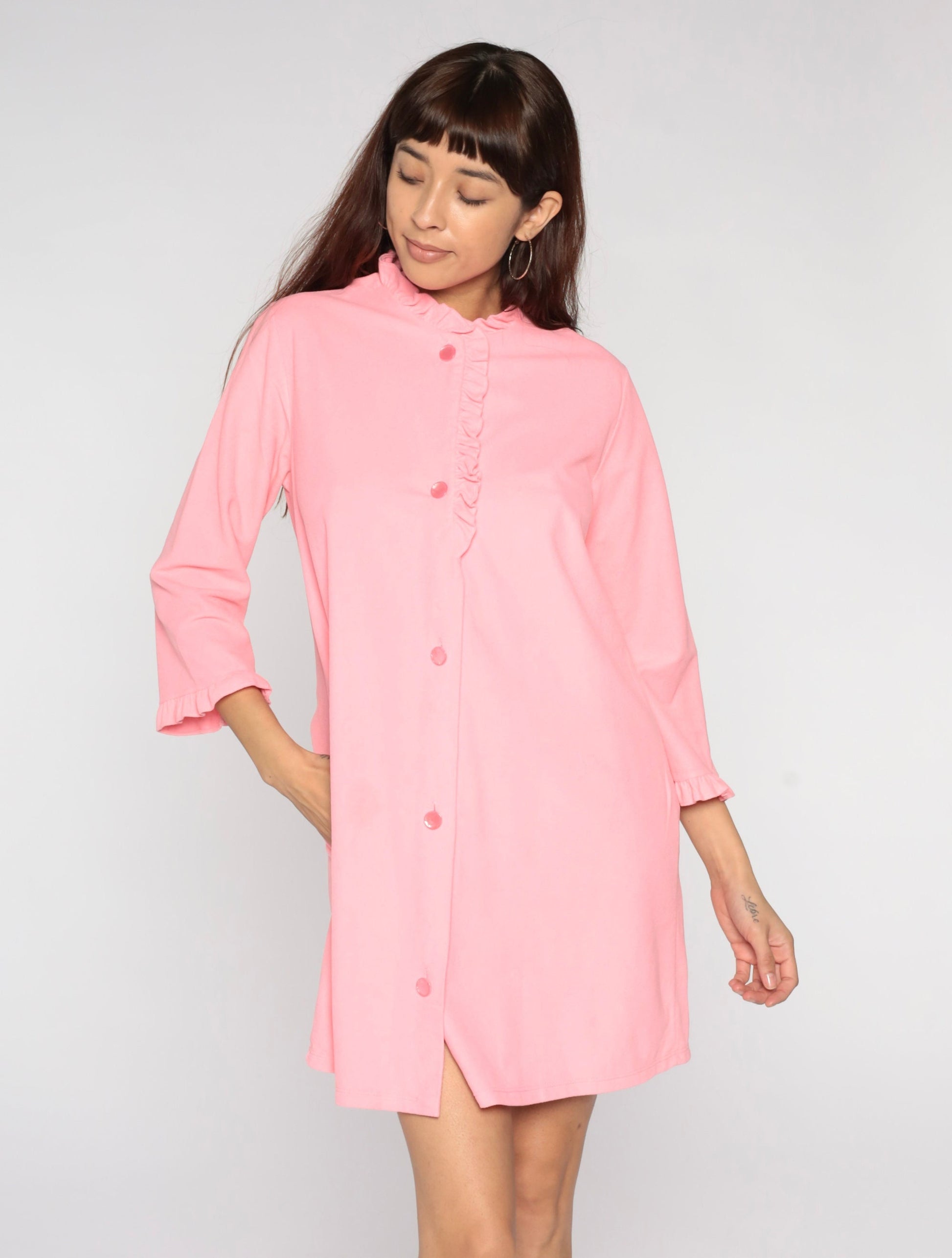 70s Pink Fleece Lounge Dress Mini Button-Up Long Sleeve Medium Large