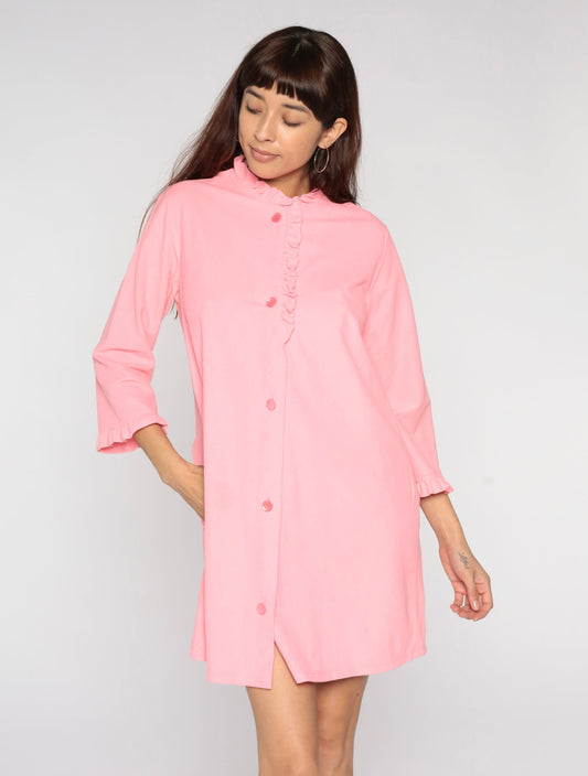 70s Pink Fleece Lounge Dress Mini Button-Up Long Sleeve Medium Large
