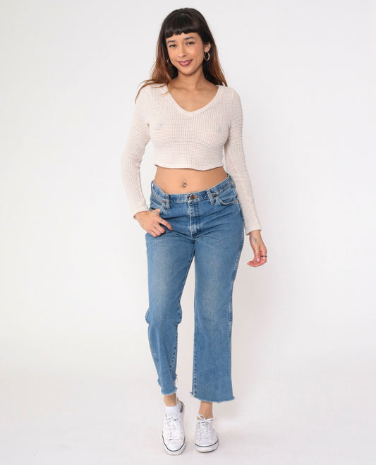 90s Wrangler High Rise Bootcut Jeans Blue Denim Raw Hem Men's 32