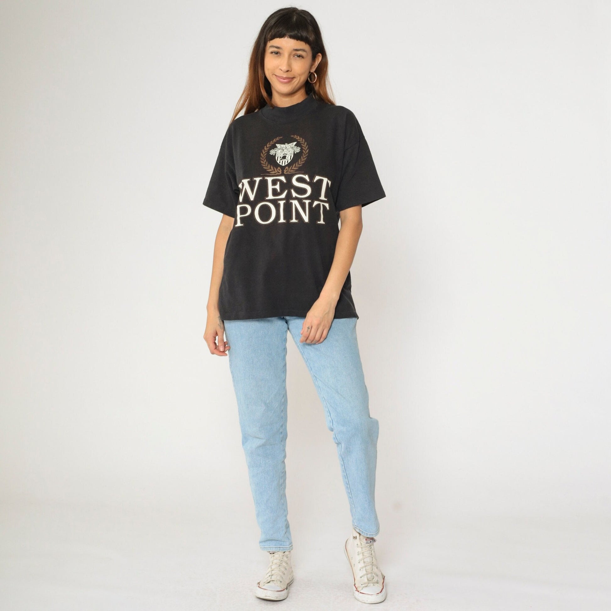 90s West Point Military Academy Black Mock Neck Graphic Tee Medium