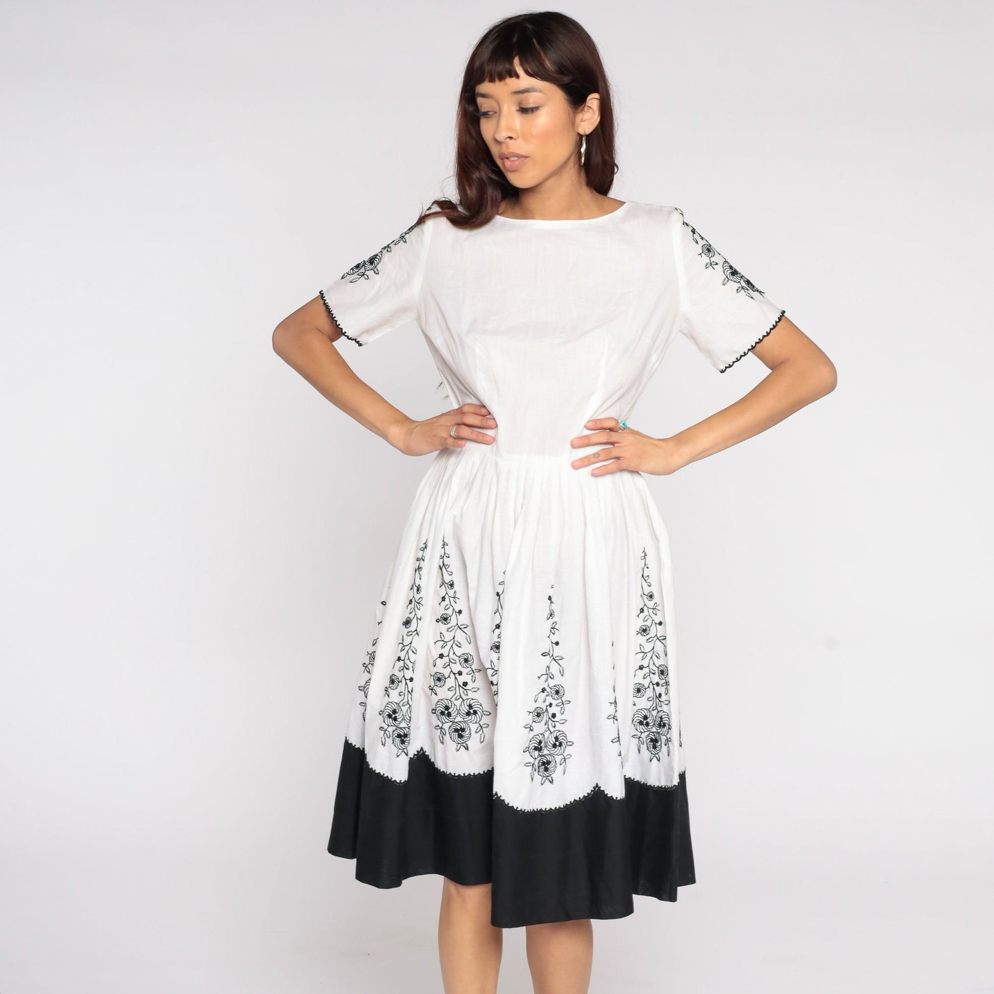 60s L'Aiglon Black White Floral Embroidered Midi Dress Cotton Small